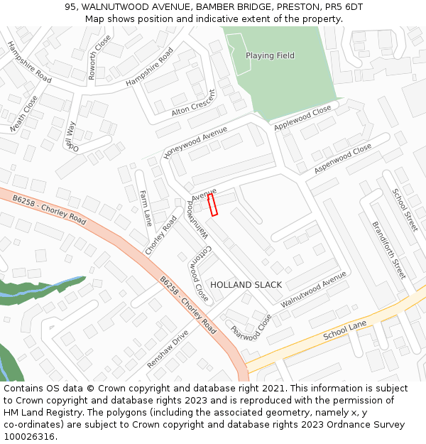 95, WALNUTWOOD AVENUE, BAMBER BRIDGE, PRESTON, PR5 6DT: Location map and indicative extent of plot