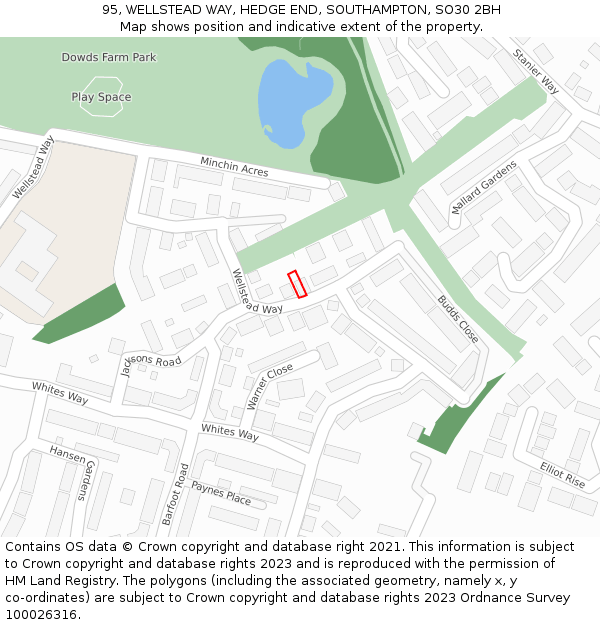 95, WELLSTEAD WAY, HEDGE END, SOUTHAMPTON, SO30 2BH: Location map and indicative extent of plot