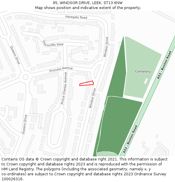95, WINDSOR DRIVE, LEEK, ST13 6NW: Location map and indicative extent of plot