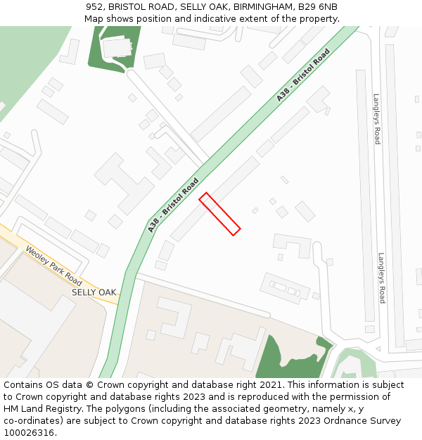 952, BRISTOL ROAD, SELLY OAK, BIRMINGHAM, B29 6NB: Location map and indicative extent of plot
