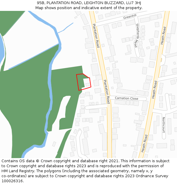 95B, PLANTATION ROAD, LEIGHTON BUZZARD, LU7 3HJ: Location map and indicative extent of plot