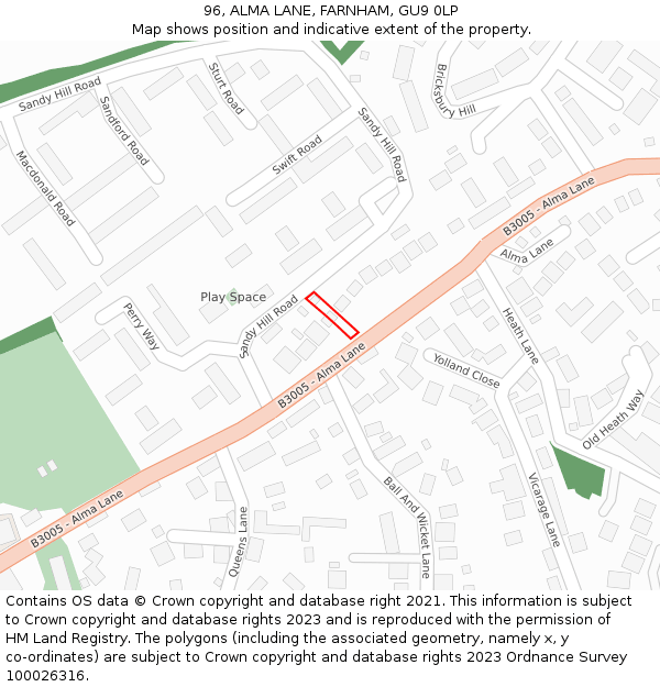 96, ALMA LANE, FARNHAM, GU9 0LP: Location map and indicative extent of plot