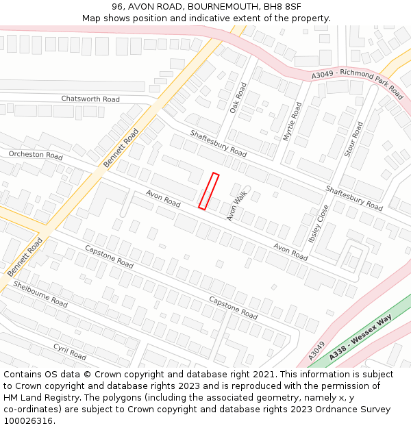 96, AVON ROAD, BOURNEMOUTH, BH8 8SF: Location map and indicative extent of plot