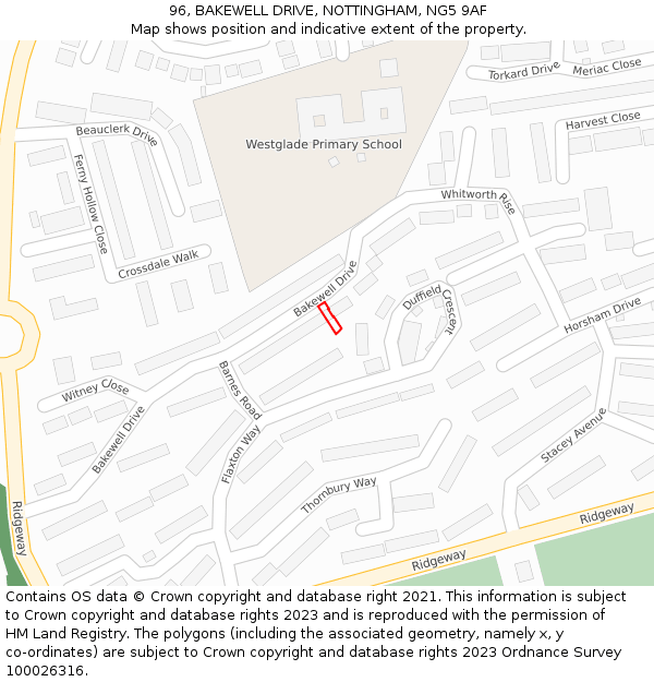 96, BAKEWELL DRIVE, NOTTINGHAM, NG5 9AF: Location map and indicative extent of plot