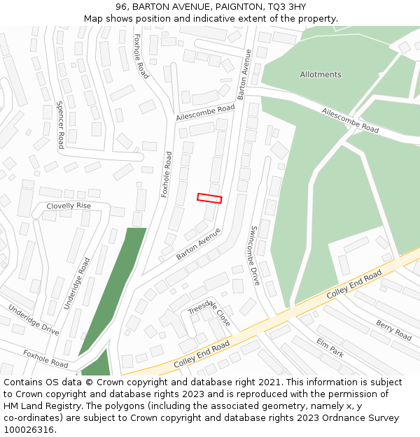 96, BARTON AVENUE, PAIGNTON, TQ3 3HY: Location map and indicative extent of plot
