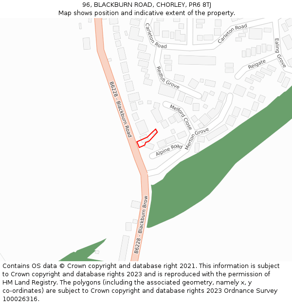 96, BLACKBURN ROAD, CHORLEY, PR6 8TJ: Location map and indicative extent of plot