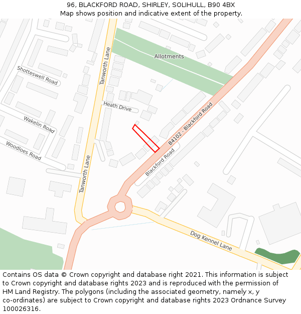 96, BLACKFORD ROAD, SHIRLEY, SOLIHULL, B90 4BX: Location map and indicative extent of plot
