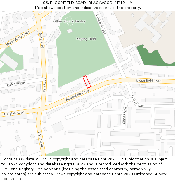 96, BLOOMFIELD ROAD, BLACKWOOD, NP12 1LY: Location map and indicative extent of plot
