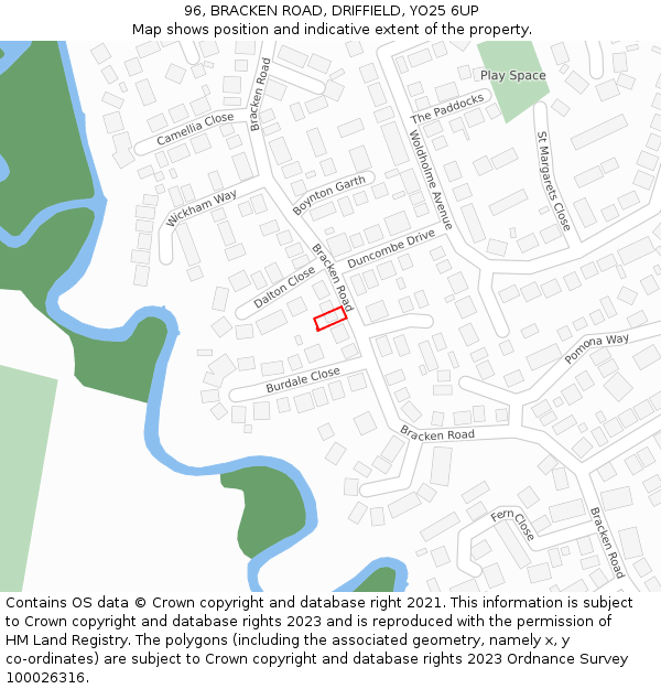 96, BRACKEN ROAD, DRIFFIELD, YO25 6UP: Location map and indicative extent of plot