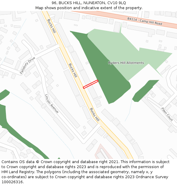 96, BUCKS HILL, NUNEATON, CV10 9LQ: Location map and indicative extent of plot