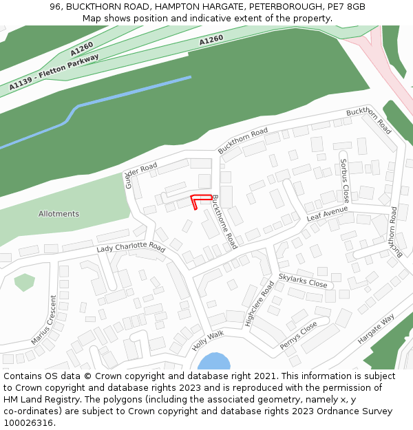 96, BUCKTHORN ROAD, HAMPTON HARGATE, PETERBOROUGH, PE7 8GB: Location map and indicative extent of plot