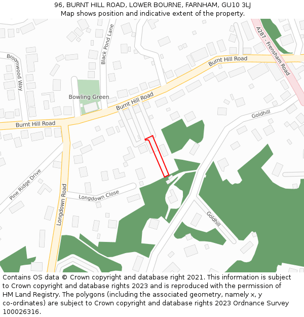 96, BURNT HILL ROAD, LOWER BOURNE, FARNHAM, GU10 3LJ: Location map and indicative extent of plot
