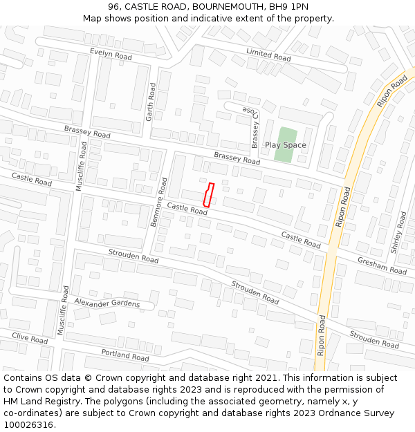 96, CASTLE ROAD, BOURNEMOUTH, BH9 1PN: Location map and indicative extent of plot