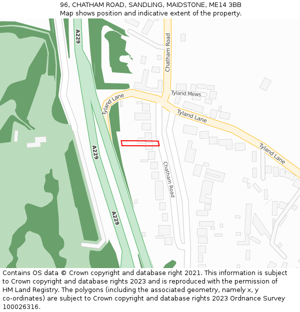 96, CHATHAM ROAD, SANDLING, MAIDSTONE, ME14 3BB: Location map and indicative extent of plot