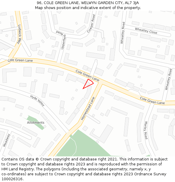 96, COLE GREEN LANE, WELWYN GARDEN CITY, AL7 3JA: Location map and indicative extent of plot