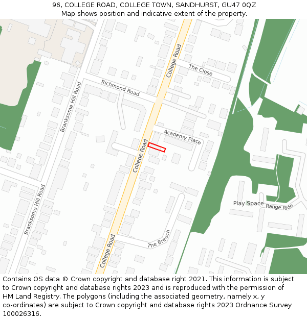 96, COLLEGE ROAD, COLLEGE TOWN, SANDHURST, GU47 0QZ: Location map and indicative extent of plot