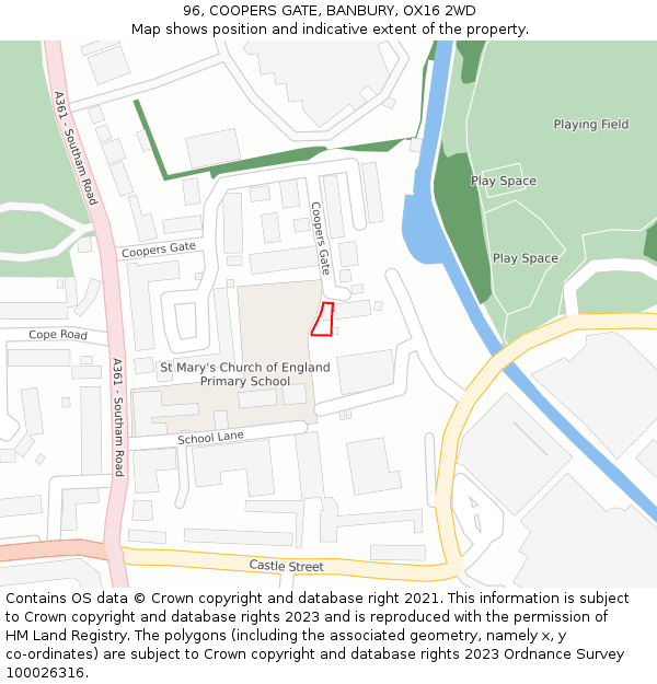 96, COOPERS GATE, BANBURY, OX16 2WD: Location map and indicative extent of plot