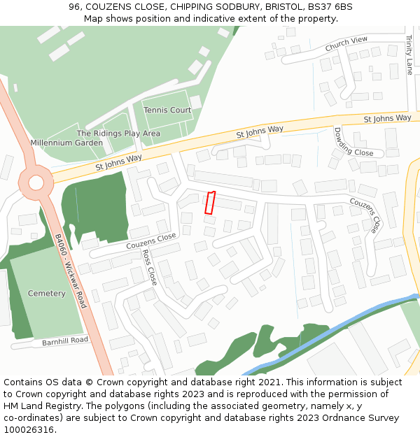96, COUZENS CLOSE, CHIPPING SODBURY, BRISTOL, BS37 6BS: Location map and indicative extent of plot