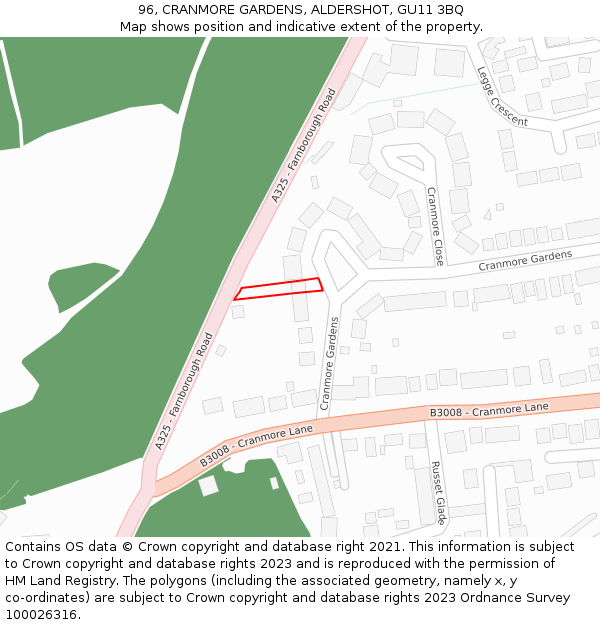 96, CRANMORE GARDENS, ALDERSHOT, GU11 3BQ: Location map and indicative extent of plot
