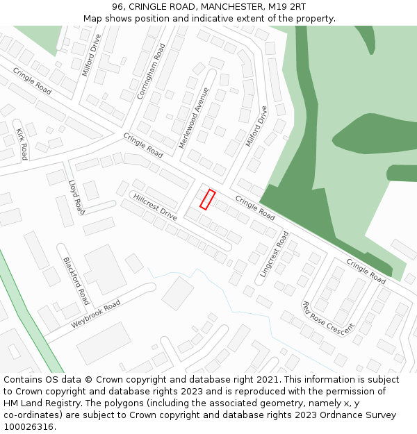 96, CRINGLE ROAD, MANCHESTER, M19 2RT: Location map and indicative extent of plot