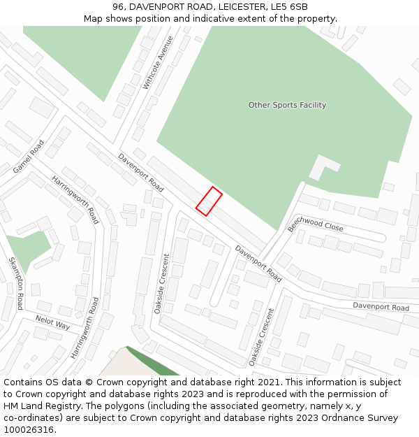 96, DAVENPORT ROAD, LEICESTER, LE5 6SB: Location map and indicative extent of plot