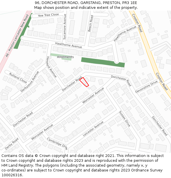 96, DORCHESTER ROAD, GARSTANG, PRESTON, PR3 1EE: Location map and indicative extent of plot