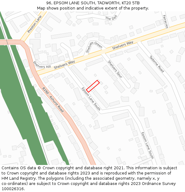 96, EPSOM LANE SOUTH, TADWORTH, KT20 5TB: Location map and indicative extent of plot
