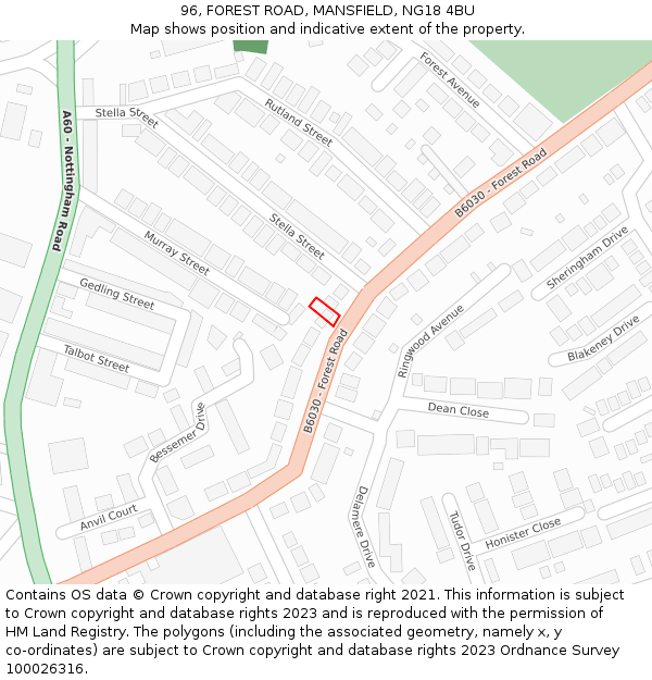 96, FOREST ROAD, MANSFIELD, NG18 4BU: Location map and indicative extent of plot