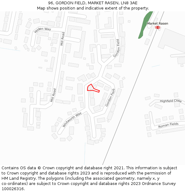 96, GORDON FIELD, MARKET RASEN, LN8 3AE: Location map and indicative extent of plot