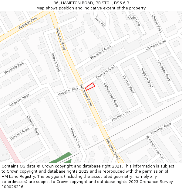 96, HAMPTON ROAD, BRISTOL, BS6 6JB: Location map and indicative extent of plot