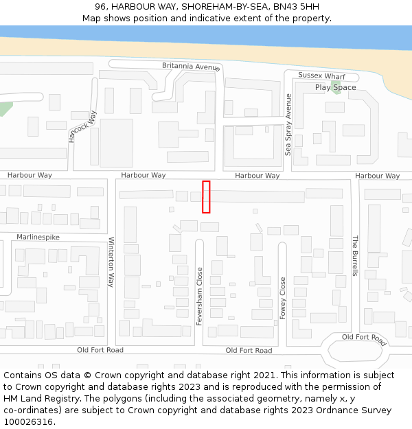 96, HARBOUR WAY, SHOREHAM-BY-SEA, BN43 5HH: Location map and indicative extent of plot