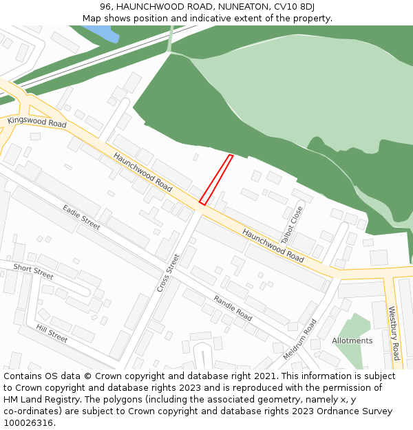 96, HAUNCHWOOD ROAD, NUNEATON, CV10 8DJ: Location map and indicative extent of plot