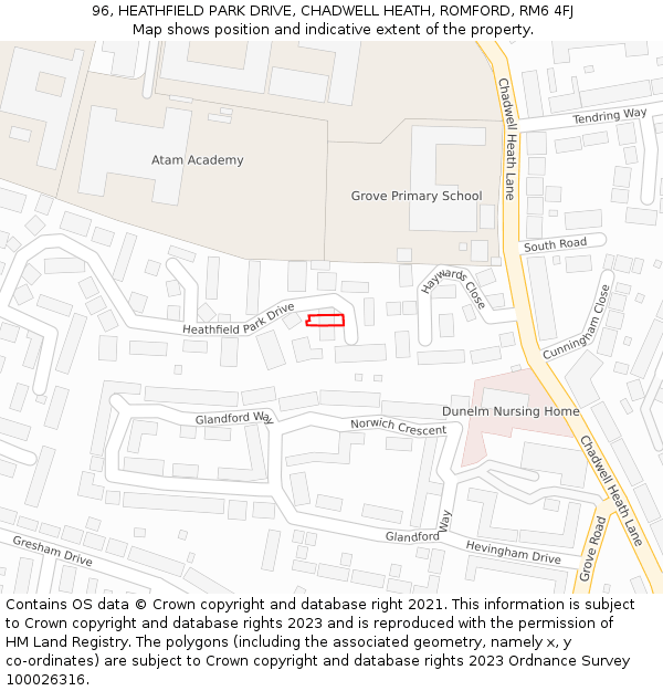 96, HEATHFIELD PARK DRIVE, CHADWELL HEATH, ROMFORD, RM6 4FJ: Location map and indicative extent of plot
