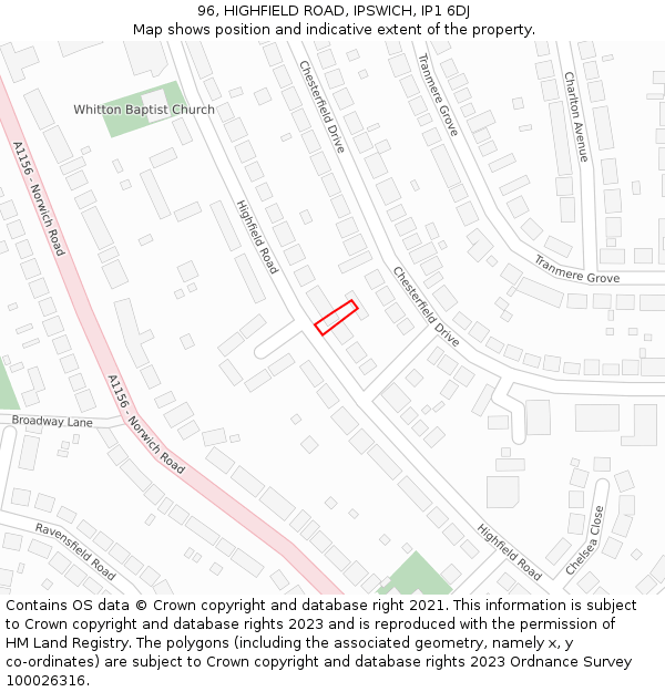 96, HIGHFIELD ROAD, IPSWICH, IP1 6DJ: Location map and indicative extent of plot