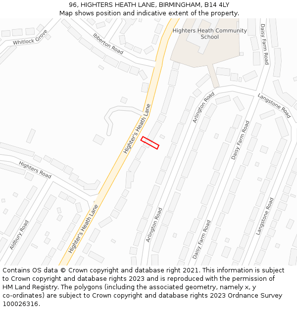 96, HIGHTERS HEATH LANE, BIRMINGHAM, B14 4LY: Location map and indicative extent of plot