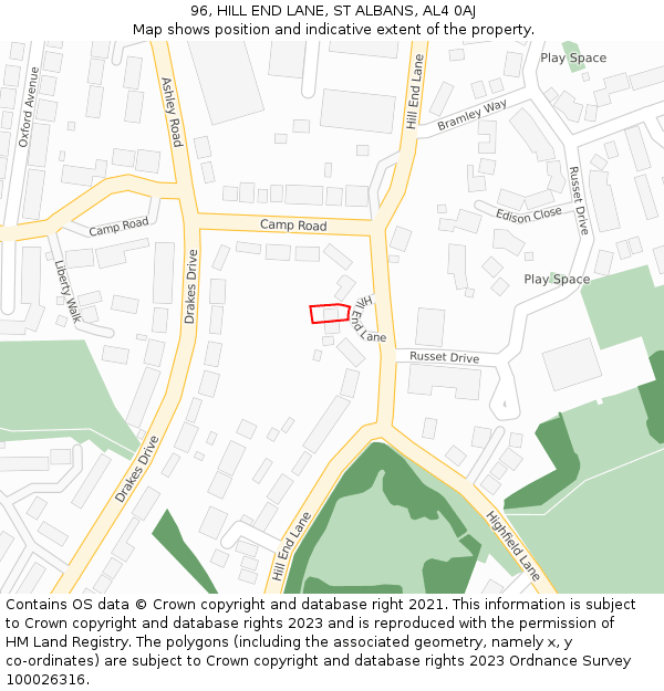 96, HILL END LANE, ST ALBANS, AL4 0AJ: Location map and indicative extent of plot