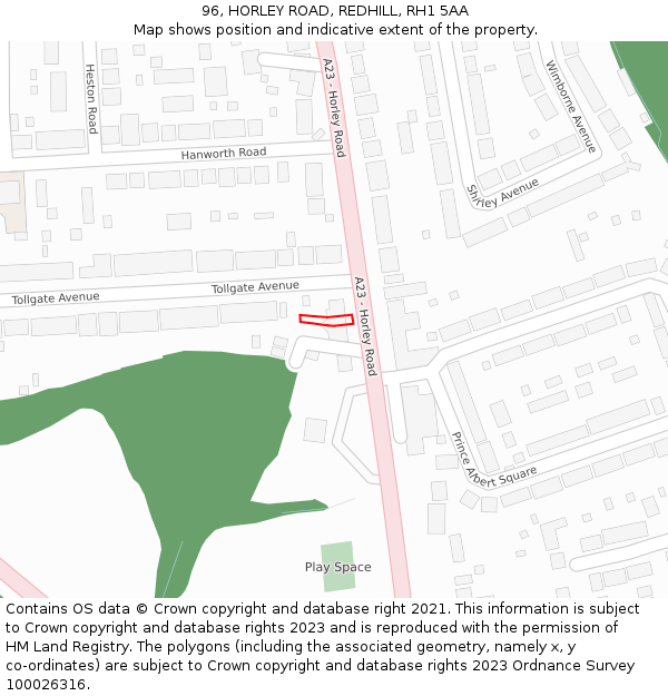 96, HORLEY ROAD, REDHILL, RH1 5AA: Location map and indicative extent of plot