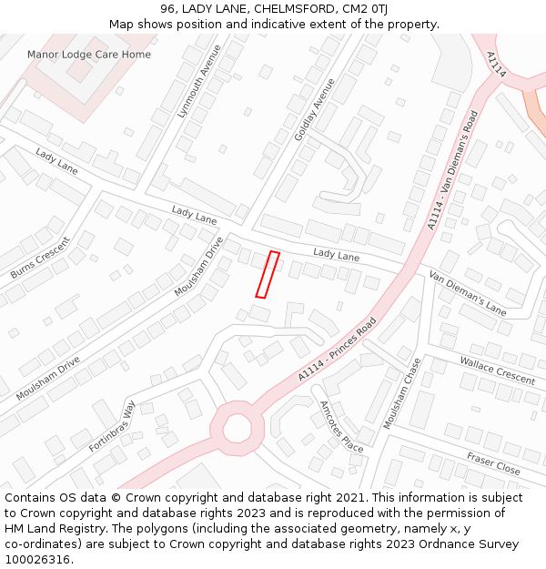 96, LADY LANE, CHELMSFORD, CM2 0TJ: Location map and indicative extent of plot