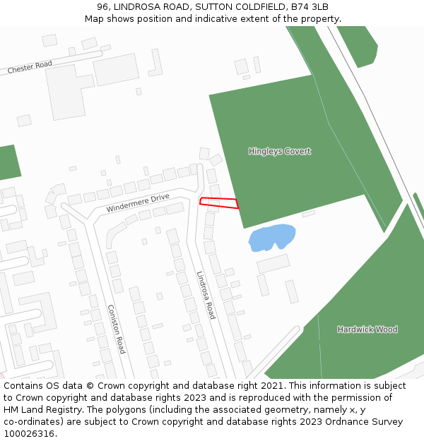 96, LINDROSA ROAD, SUTTON COLDFIELD, B74 3LB: Location map and indicative extent of plot