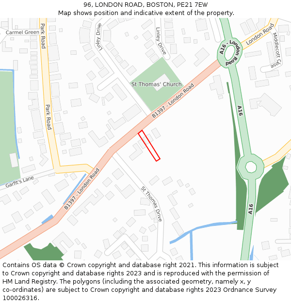 96, LONDON ROAD, BOSTON, PE21 7EW: Location map and indicative extent of plot