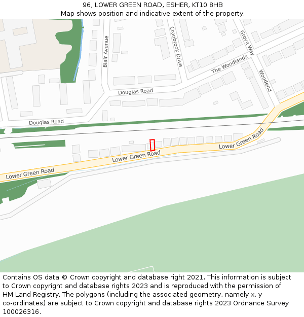 96, LOWER GREEN ROAD, ESHER, KT10 8HB: Location map and indicative extent of plot