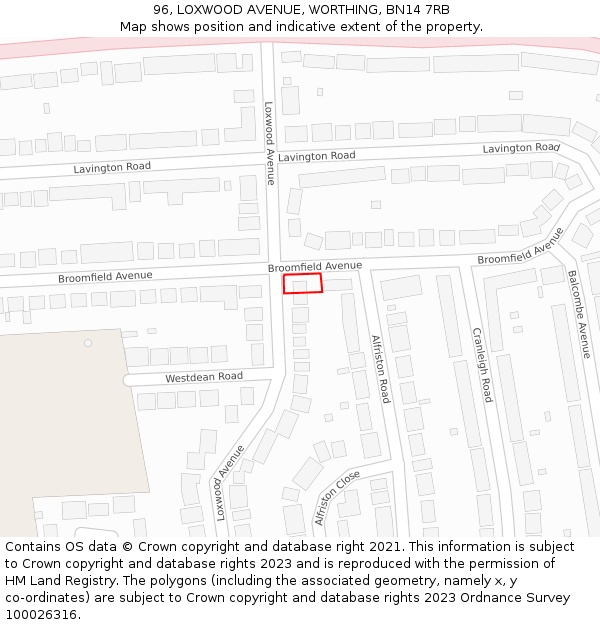 96, LOXWOOD AVENUE, WORTHING, BN14 7RB: Location map and indicative extent of plot