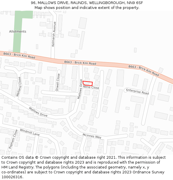 96, MALLOWS DRIVE, RAUNDS, WELLINGBOROUGH, NN9 6SF: Location map and indicative extent of plot