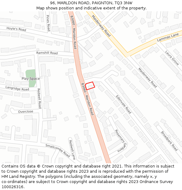 96, MARLDON ROAD, PAIGNTON, TQ3 3NW: Location map and indicative extent of plot