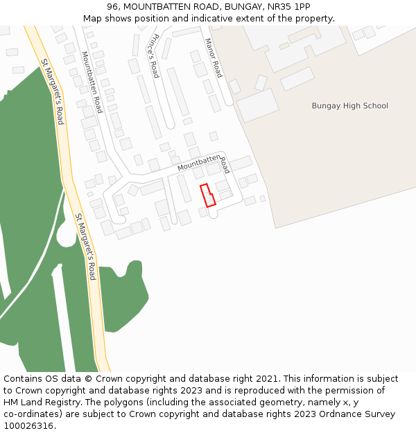 96, MOUNTBATTEN ROAD, BUNGAY, NR35 1PP: Location map and indicative extent of plot