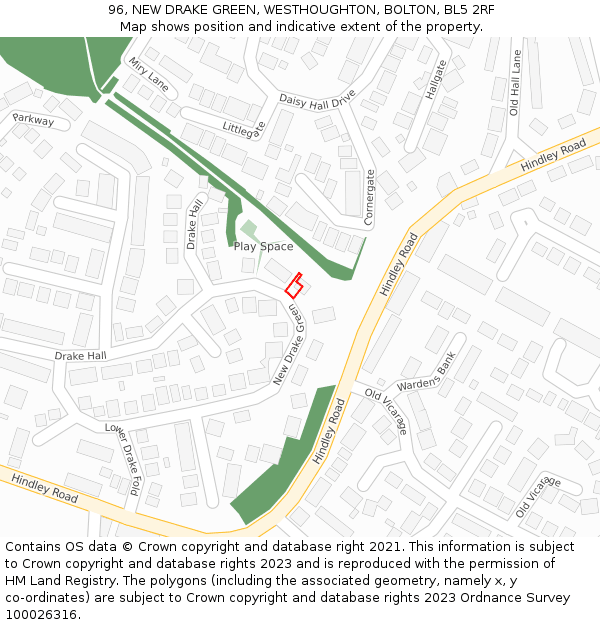 96, NEW DRAKE GREEN, WESTHOUGHTON, BOLTON, BL5 2RF: Location map and indicative extent of plot