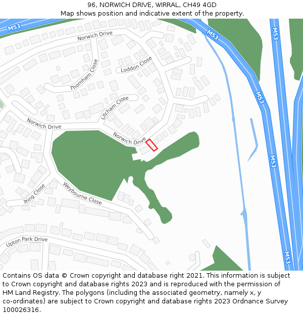 96, NORWICH DRIVE, WIRRAL, CH49 4GD: Location map and indicative extent of plot