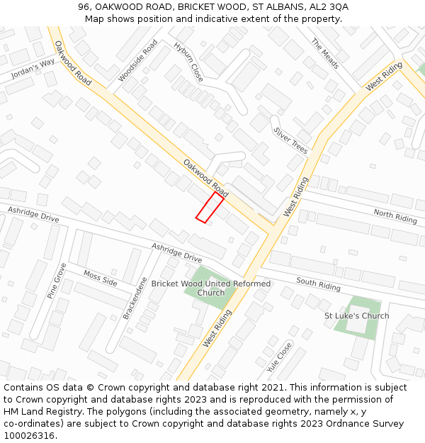96, OAKWOOD ROAD, BRICKET WOOD, ST ALBANS, AL2 3QA: Location map and indicative extent of plot