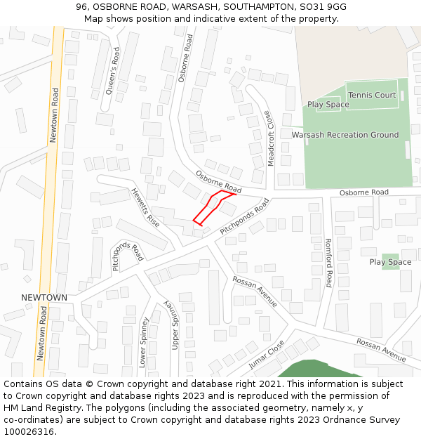 96, OSBORNE ROAD, WARSASH, SOUTHAMPTON, SO31 9GG: Location map and indicative extent of plot
