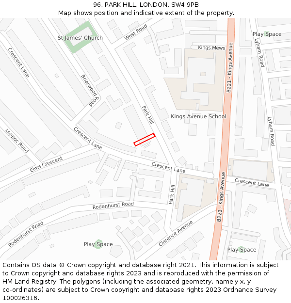 96, PARK HILL, LONDON, SW4 9PB: Location map and indicative extent of plot